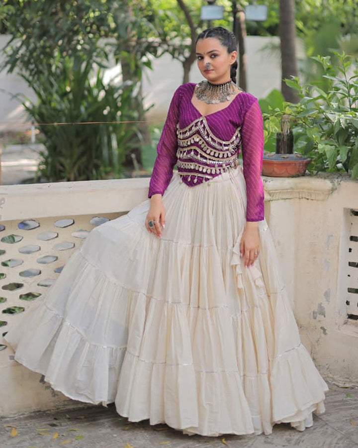 Purple Color Laheriya Print Kurti With Kora Cotton Lehenga