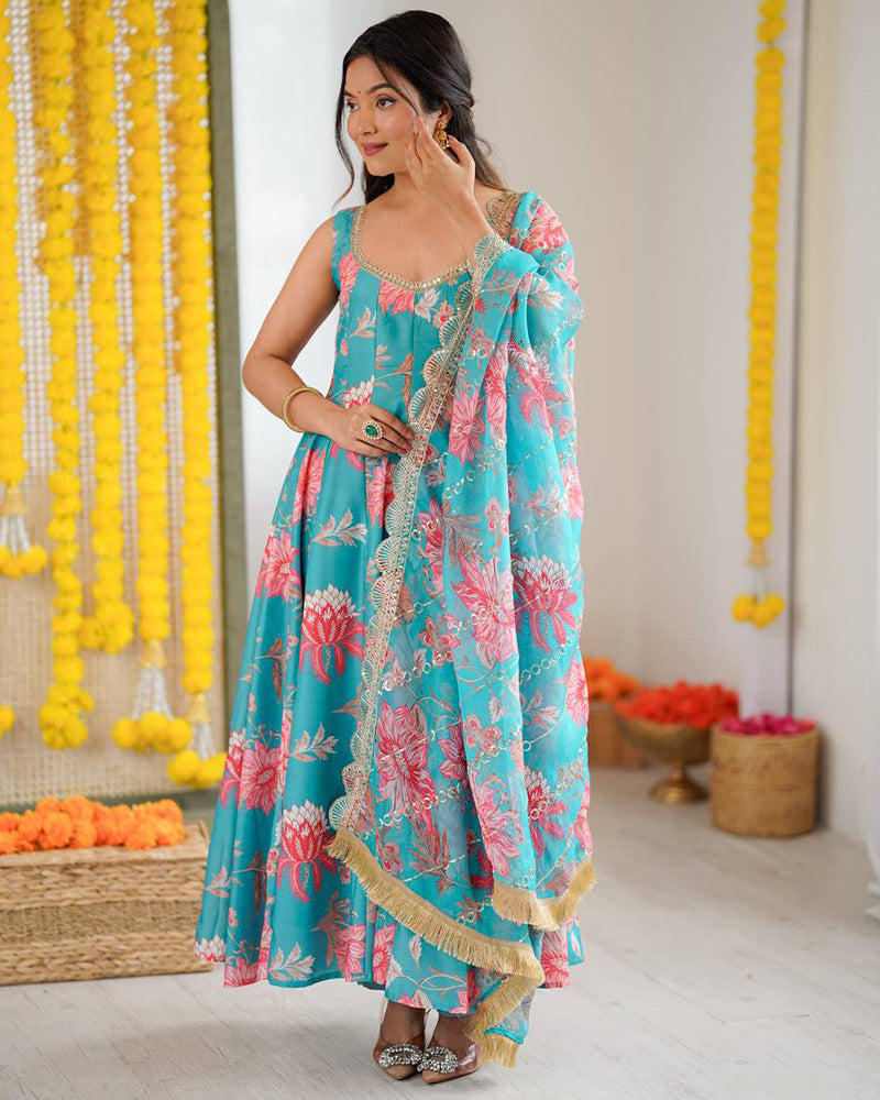 Sky Blue Color Pure Muslin Cotton Three Piece Anarkali Suit