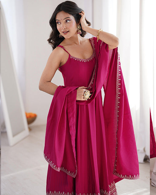 Rani Pink Color Roman Silk Chanderi Silk Three Piece Anarkali Suit