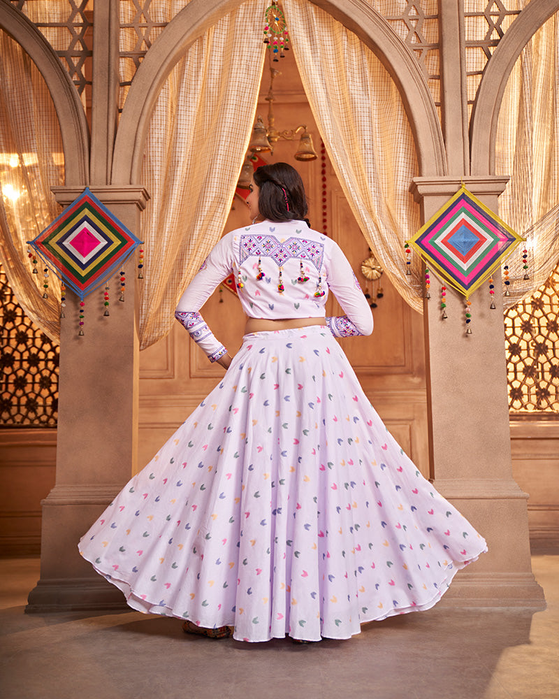 Lavender Color Cotton Jacquard Weaving Fully Stitched Navratri Lehenga Choli