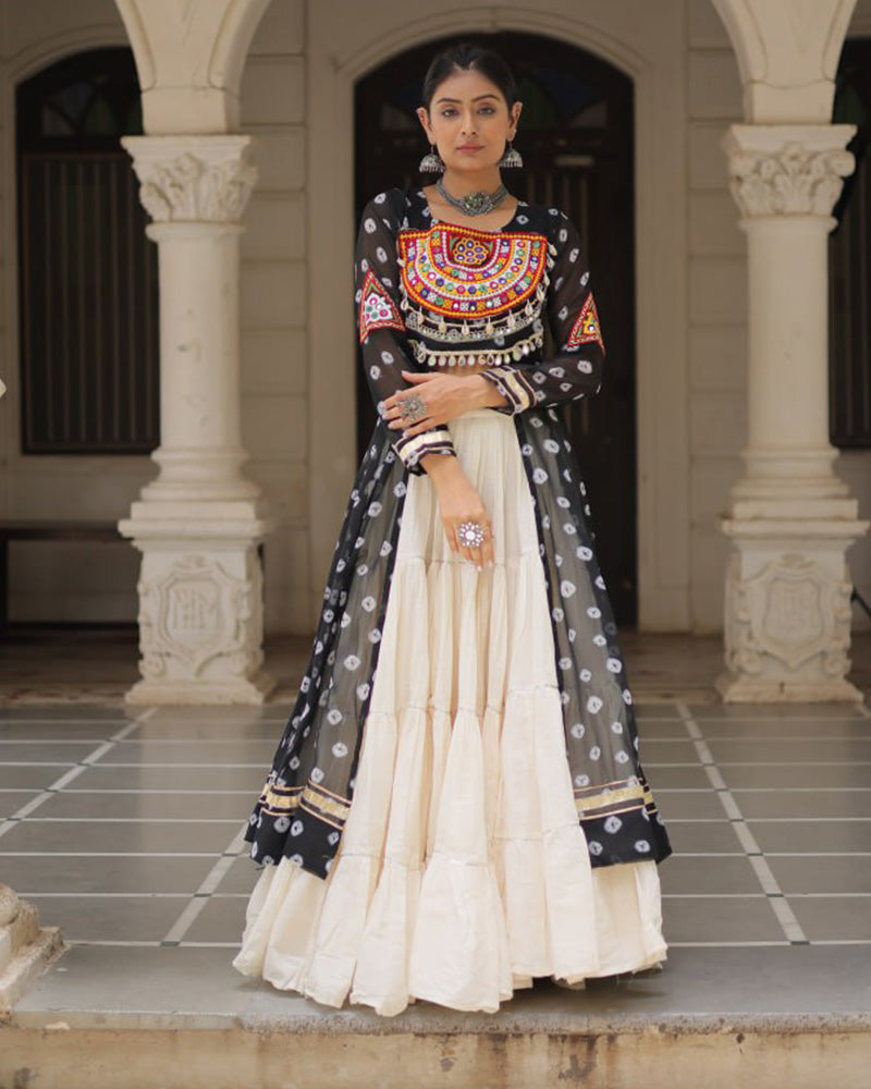 Black Color Bandhani Print Kurti With Kora Cotton Lehenga
