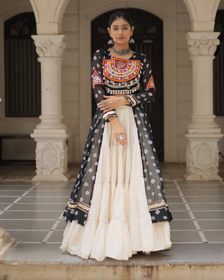 Black Color Bandhani Print Kurti With Kora Cotton Lehenga
