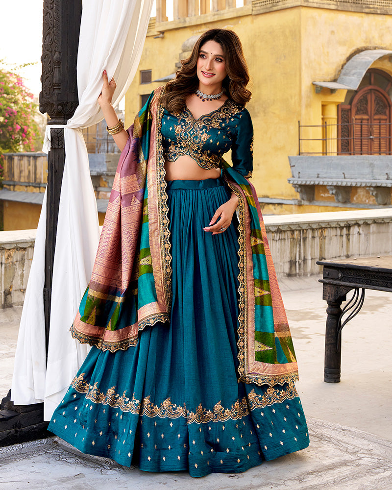 Designer Firozi Color Vichitra Silk Embroidered Lehenga Choli