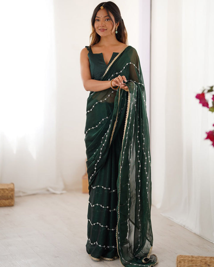 Mehndi Color Smooth Sitara Embroidered Saree