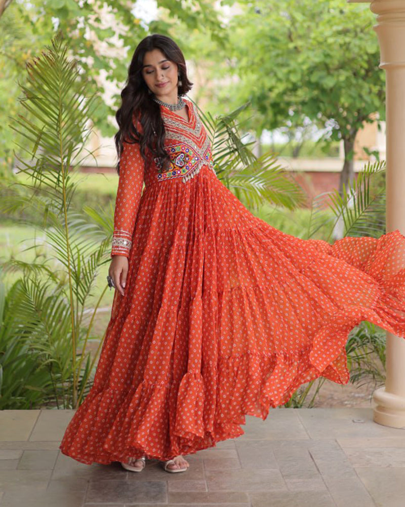 Four Color Georgette Bandhani Printed Navratri Gown