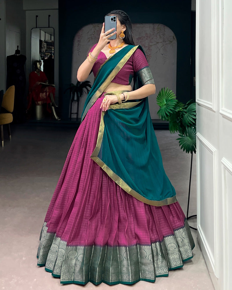 Pink Color Dola Chex Zari Weaving Half Saree