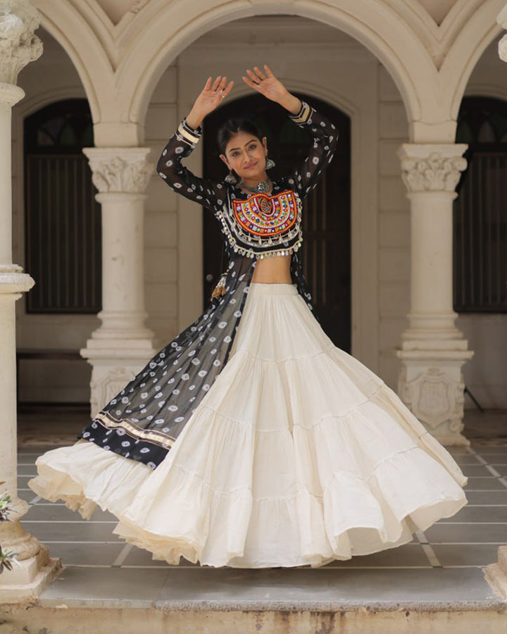 Black Color Bandhani Print Kurti With Kora Cotton Lehenga