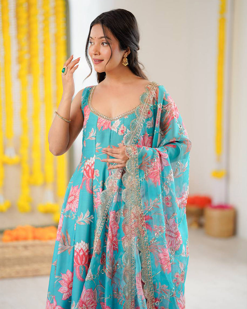 Sky Blue Color Pure Muslin Cotton Three Piece Anarkali Suit