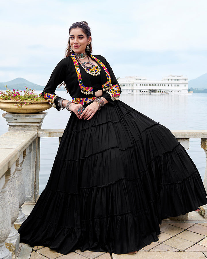 Elegant Black Color Pure Rayon Navratri Lehenga Choli