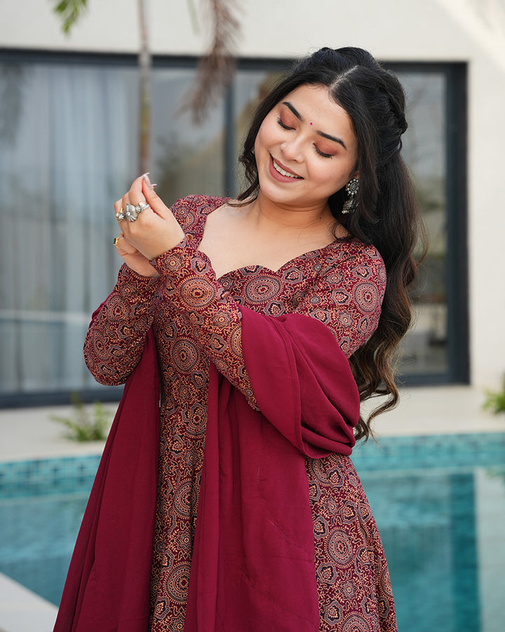 Traditional Ajrakh Print Maroon Cotton Anarkali Suit