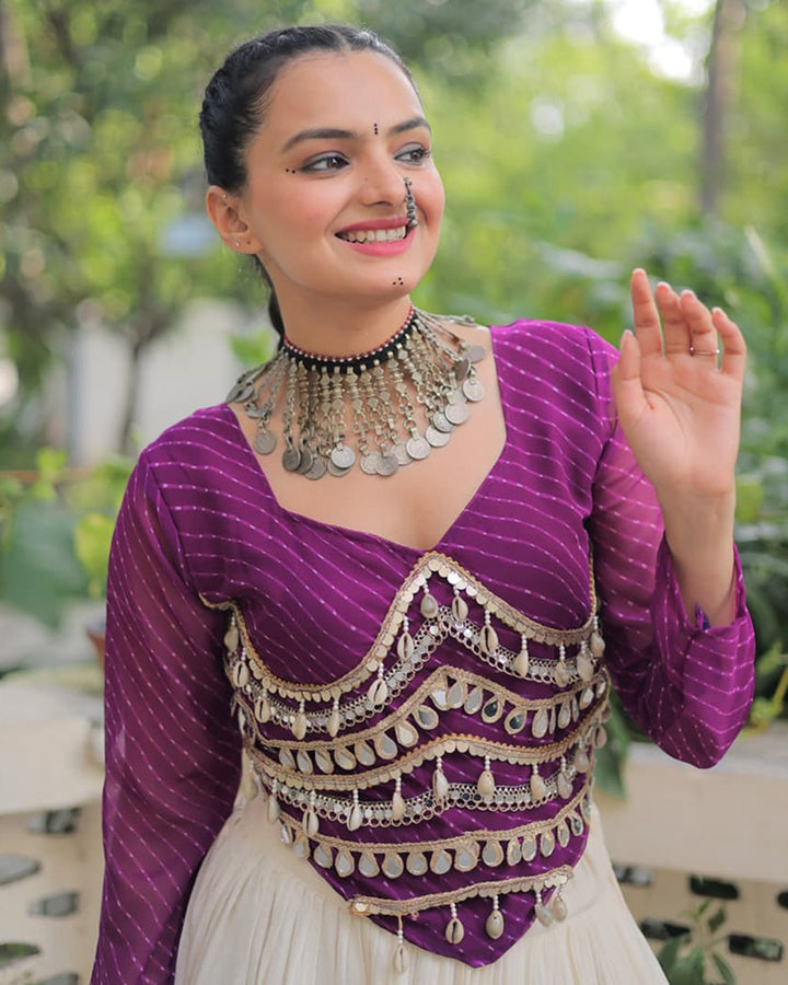 Purple Color Laheriya Print Kurti With Kora Cotton Lehenga