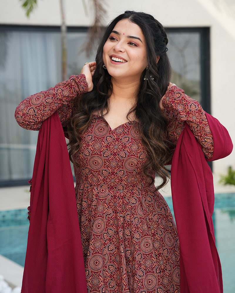 Traditional Ajrakh Print Maroon Cotton Anarkali Suit