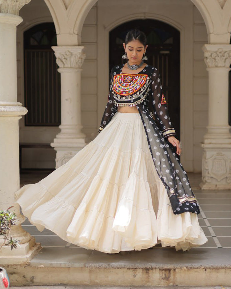 Black Color Bandhani Print Kurti With Kora Cotton Lehenga