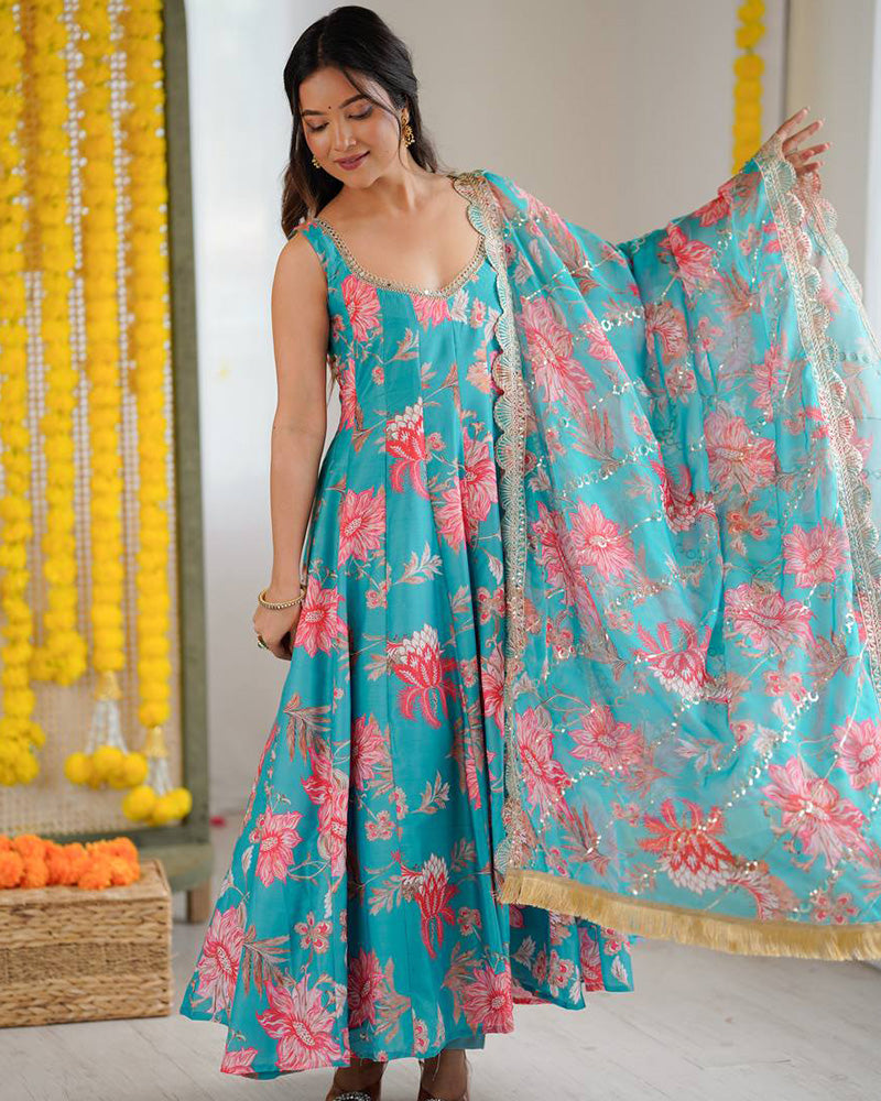 Sky Blue Color Pure Muslin Cotton Three Piece Anarkali Suit