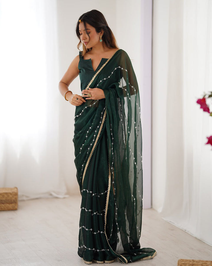 Mehndi Color Smooth Sitara Embroidered Saree