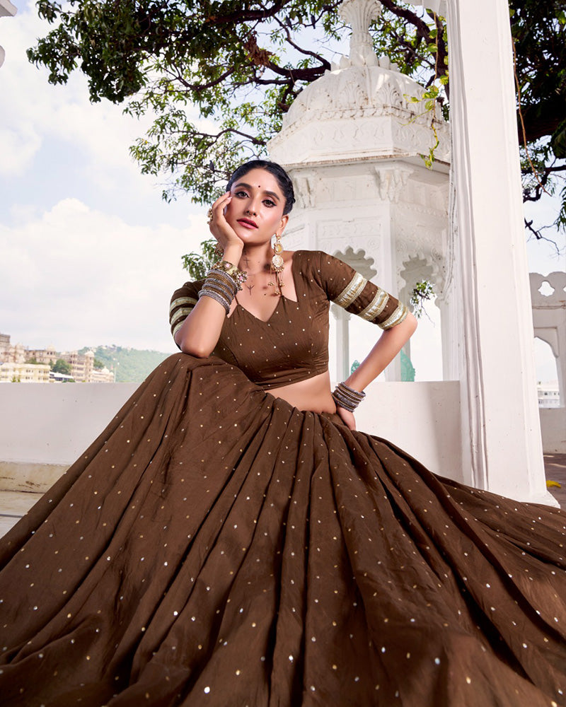 Classic Brown Color Pure Chanderi Navratri Lehenga Choli