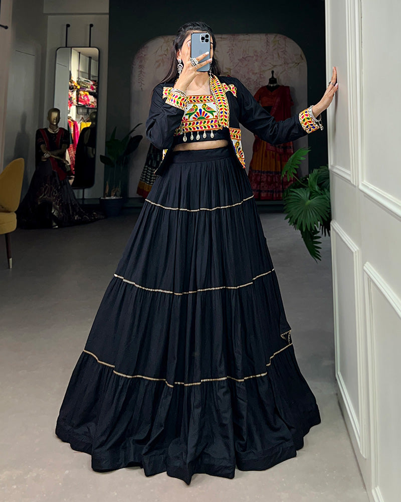 Black Color Pure Rayon Gamthi Navratri Lehenga Choli