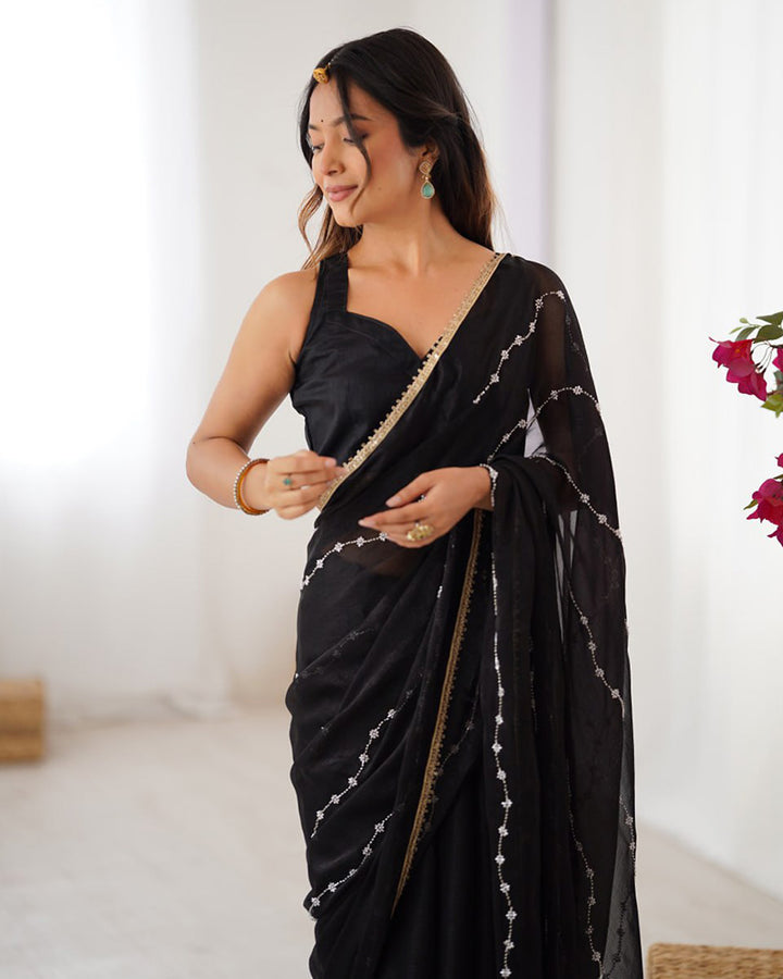 Black Color Smooth Sitara Embroidered Saree