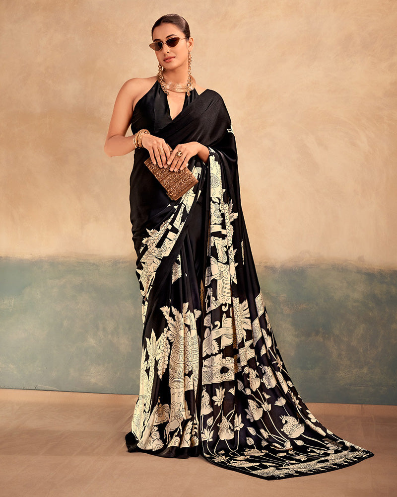 Black Color Satin Silk Kalamkari Printed Saree