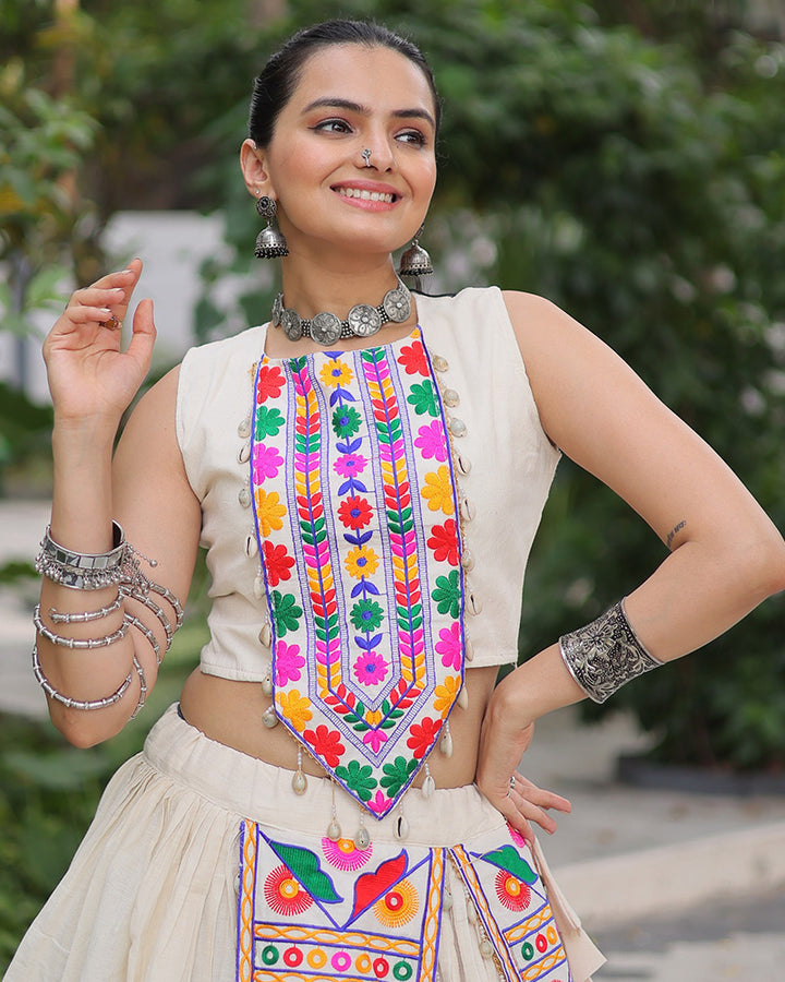 Off-White Color kora Cotton Gamthi Embroidered Navratri Lehenga Choli