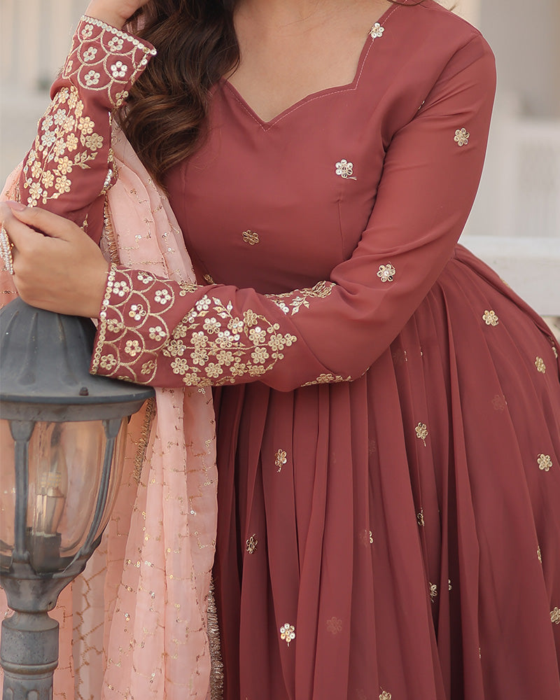 Chocolate Color Full Floor Length Anarkali Gown With Sequence Embroidery Dupatta