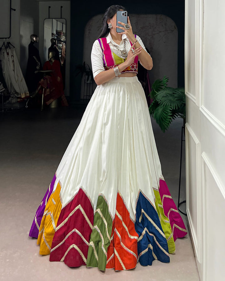 White Rayon Navratri Lehenga Choli WIth Multicolor Border