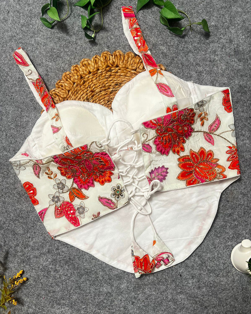 White Color Rumali Silk Embroidered Spaghetti Blouse