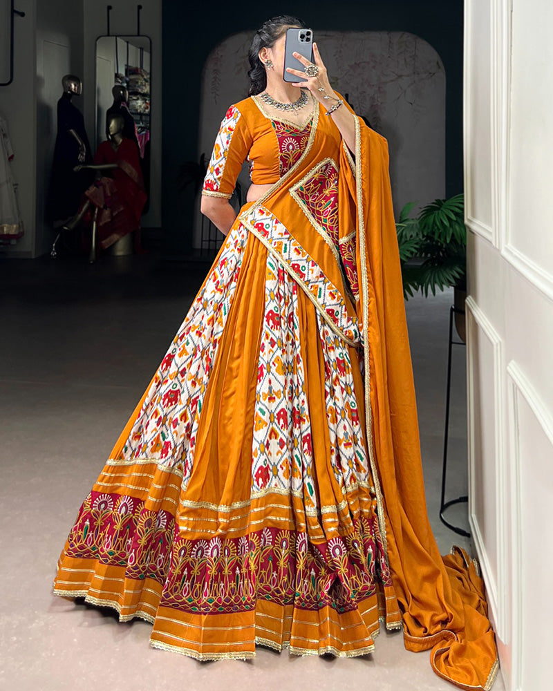 Mustard Color Pure Rayon Printed Silk Navratri Lehenga