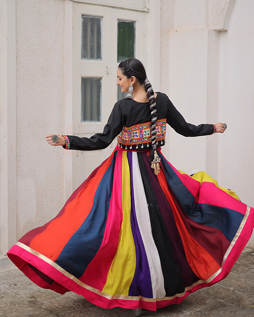 Multi Color Roman Lehenga With Black Koti Style Blouse