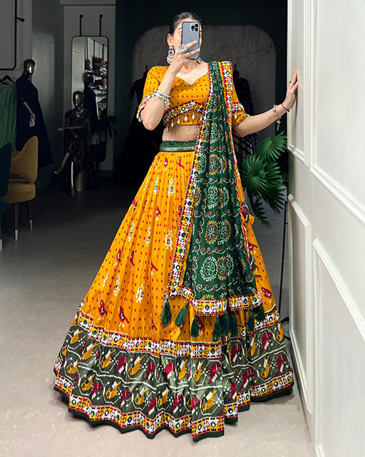 Mustard Color Tussar Silk Patola Printed Navratri Lehenga Choli