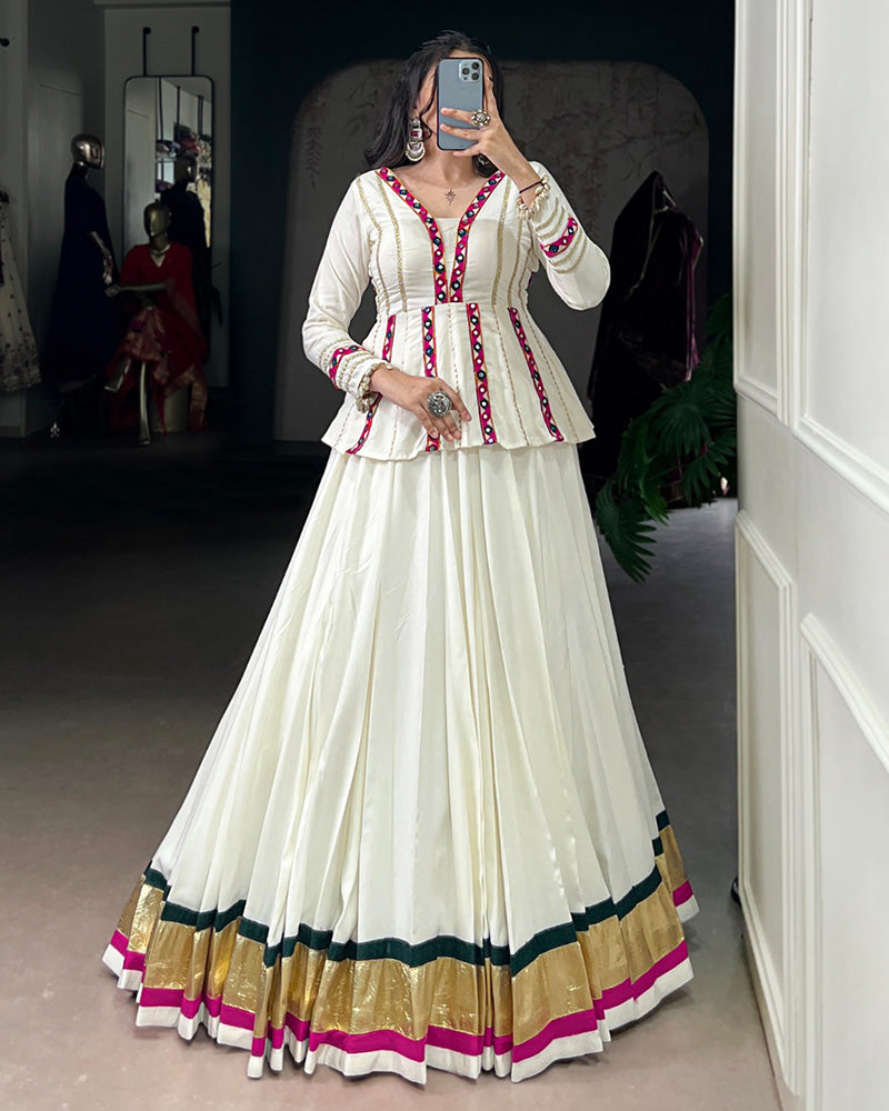 White Color Pure Rayon Embossed Navratri Lehenga Choli