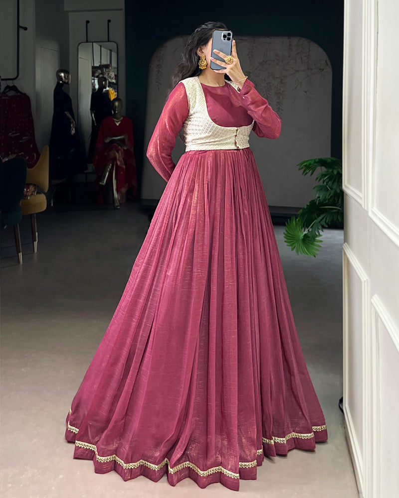 Pink Color Silver Glossy Gown
