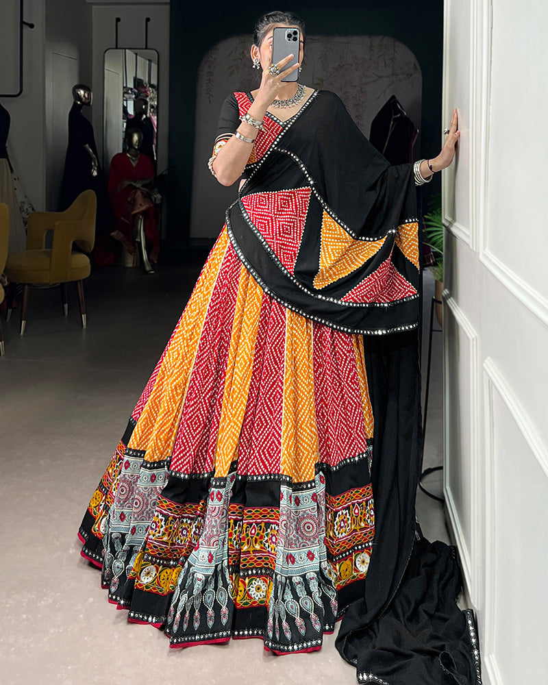 Red And Yellow Bandhej And Ajarakh Print Rayon Navratri Lehenga Choli