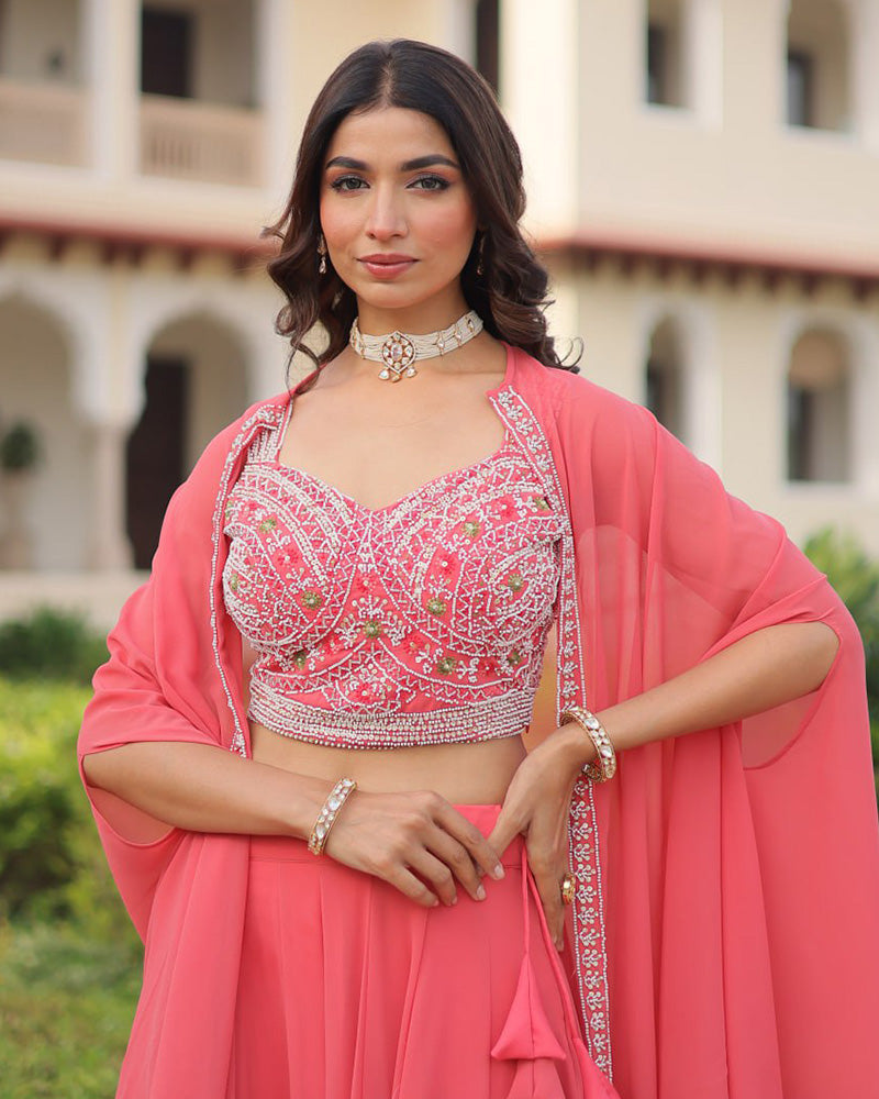 Peach Color Faux Georgette Embroidered Lehenga Choli