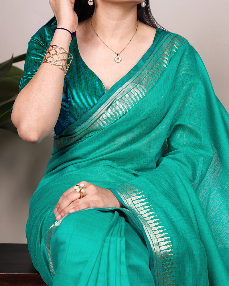 Teal Green Color Cotton Silk Zari Weaving Saree