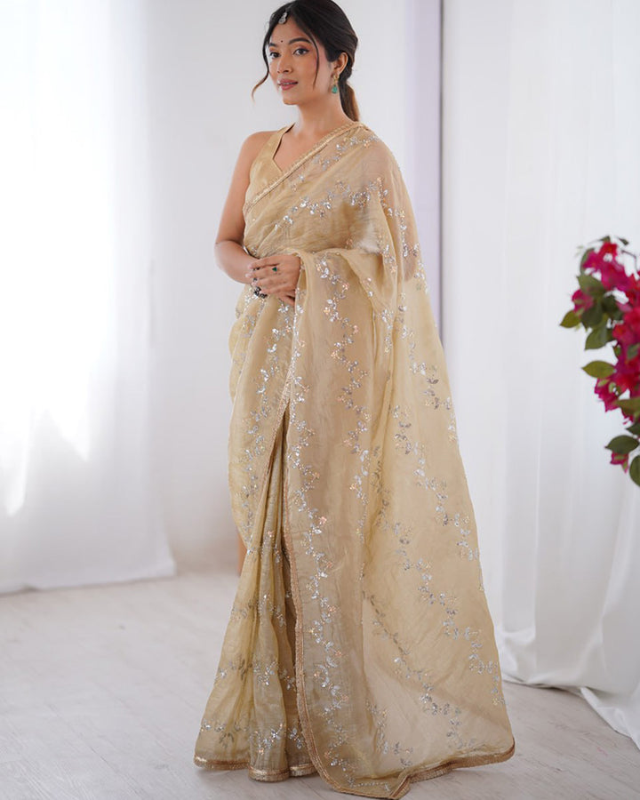 Cream Color Smooth Gold Crush Embroidered Saree