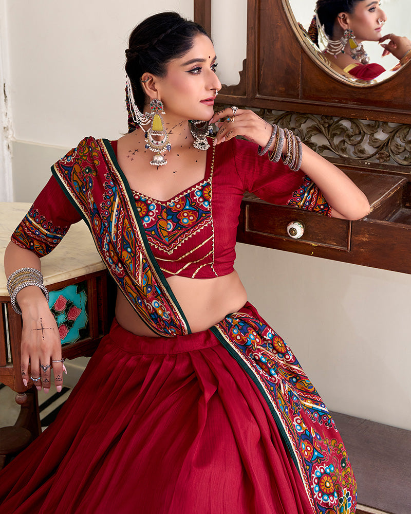 Red Color Tussar Silk Full Stitched Navratri Lehenga Choli