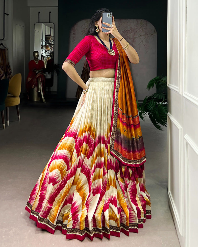 Red Color Tasar Silk Dye Printed Lehenga Choli
