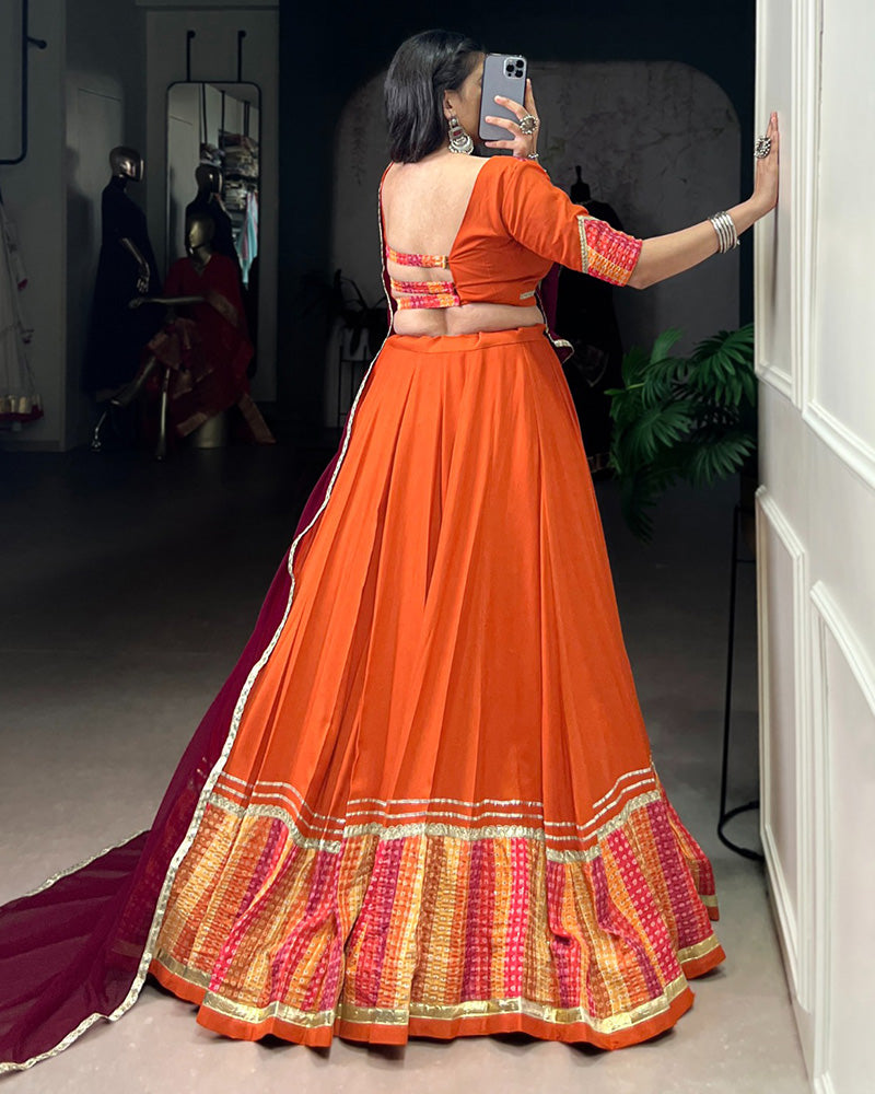 Orange Color Rayon Bnahdej Print Navratri Lehenga Choli