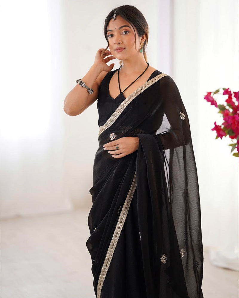 Black Color Smooth Fandy Embroidered Saree