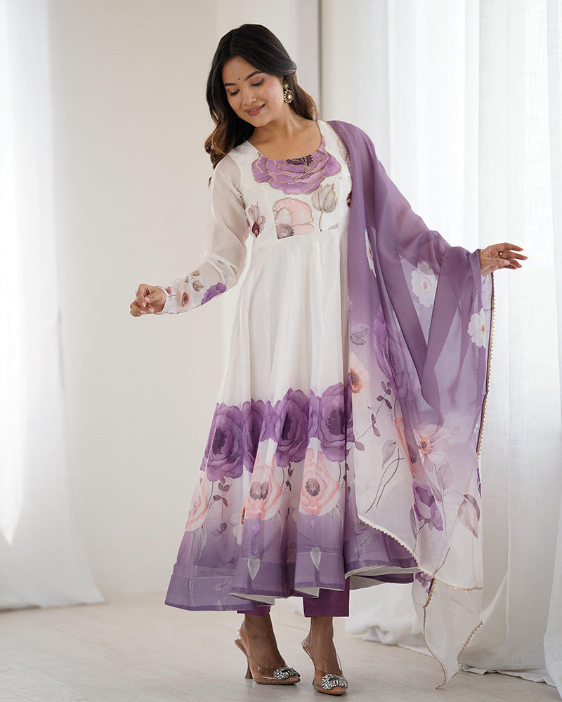 Violet Color Floral Pure Soft Tebby Organza Three Piece Anarkali Suit