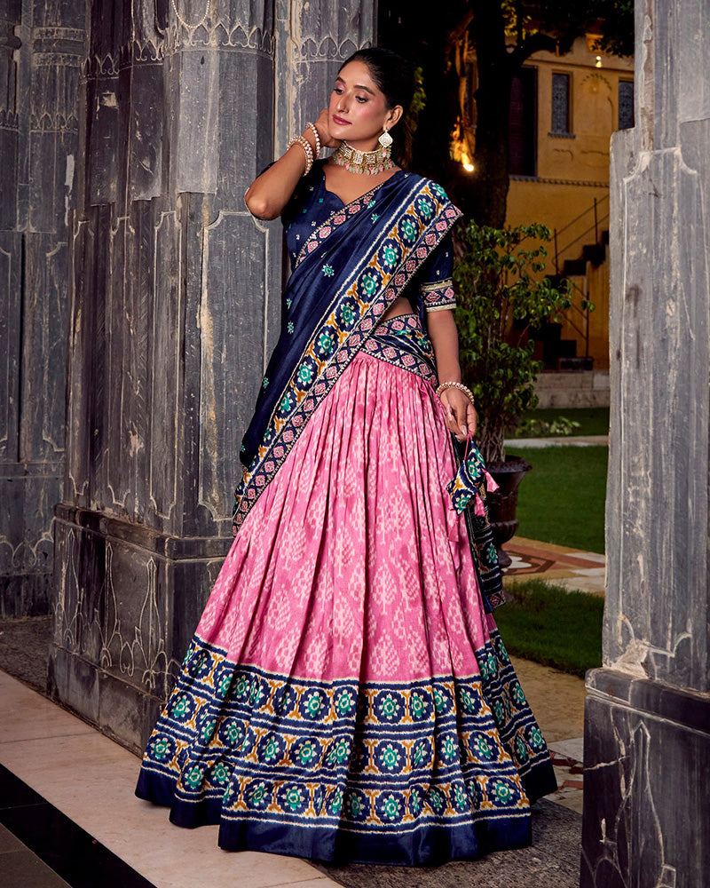 Pink And Navy Blue Ikkat Printed Tasar Silk Lehenga Choli