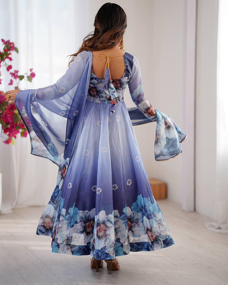 Navy Blue Floral Print Organza Three Piece Anarkali Suit