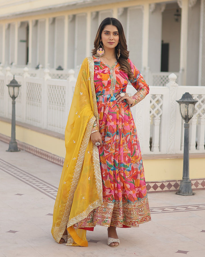 Wedding Wear Floral Embroidered Pink Color Alia Cut Gown With Dupatta