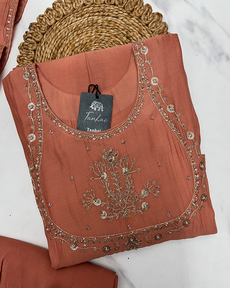 Peach Color Mal Cotton Three Piece Kurti Suit