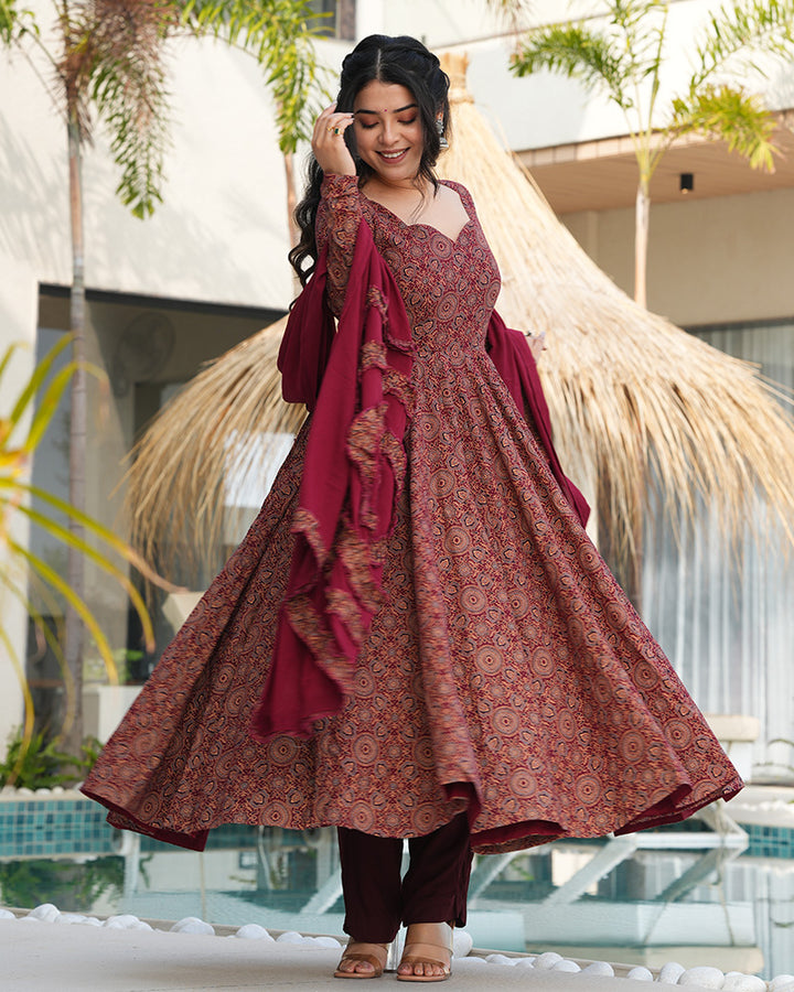 Traditional Ajrakh Print Maroon Cotton Anarkali Suit