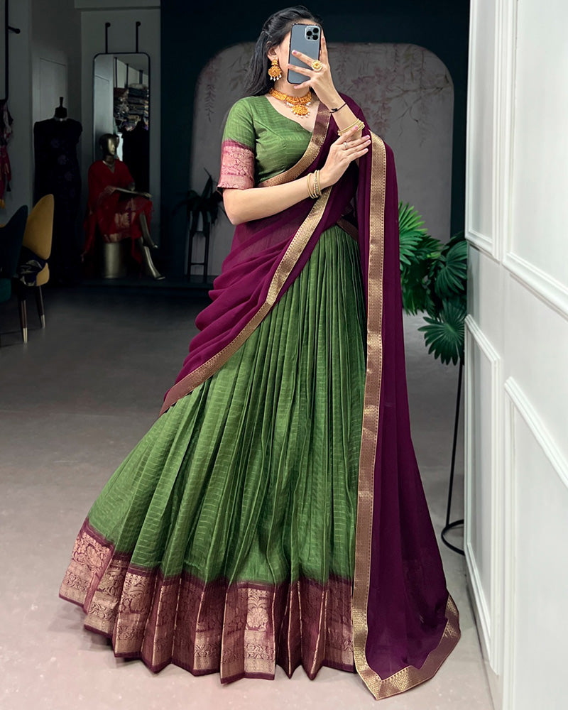 Mehndi Color Dola Chex Zari Weaving Half Saree