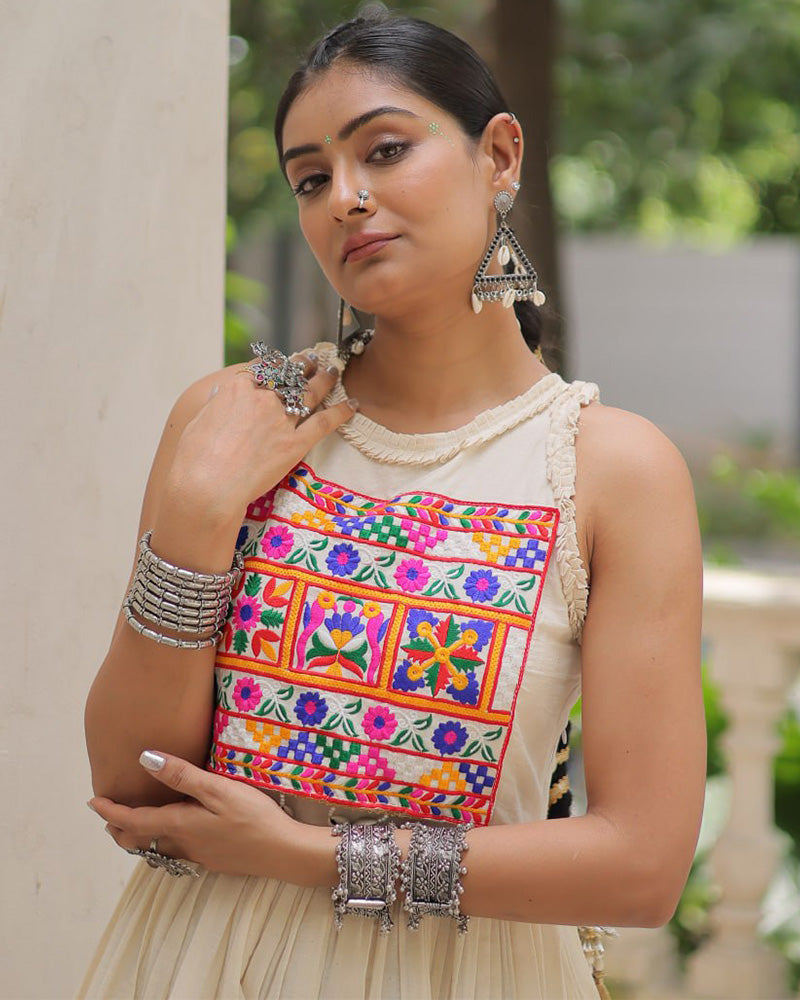 Elegant Off-White Ethnic Gown With Multicolor Kutchi Embroidery