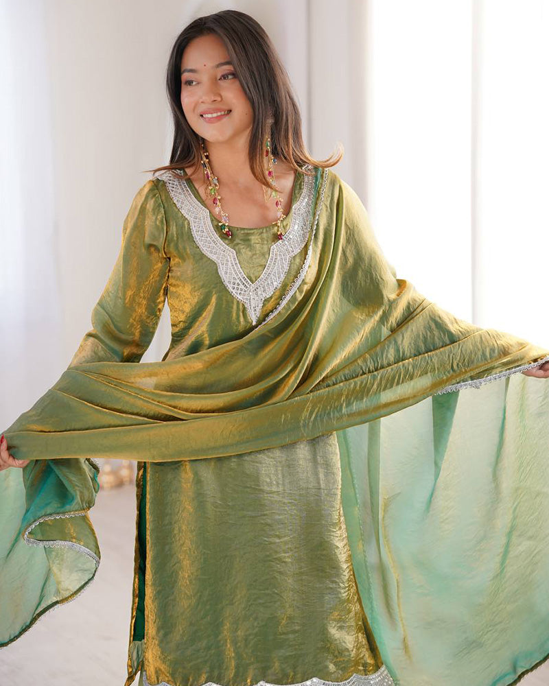 Mehndi Color Fendi Silk Three Piece Plazzo Suit