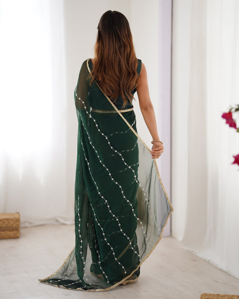 Mehndi Color Smooth Sitara Embroidered Saree